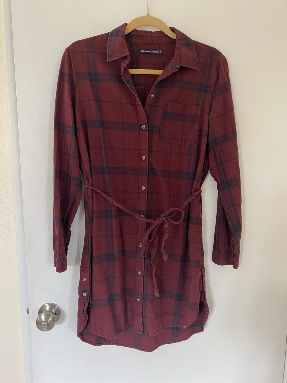 Abercrombie & Fitch Plaid Button-Down Shirt Dress Burgundy Navy Flannel Small